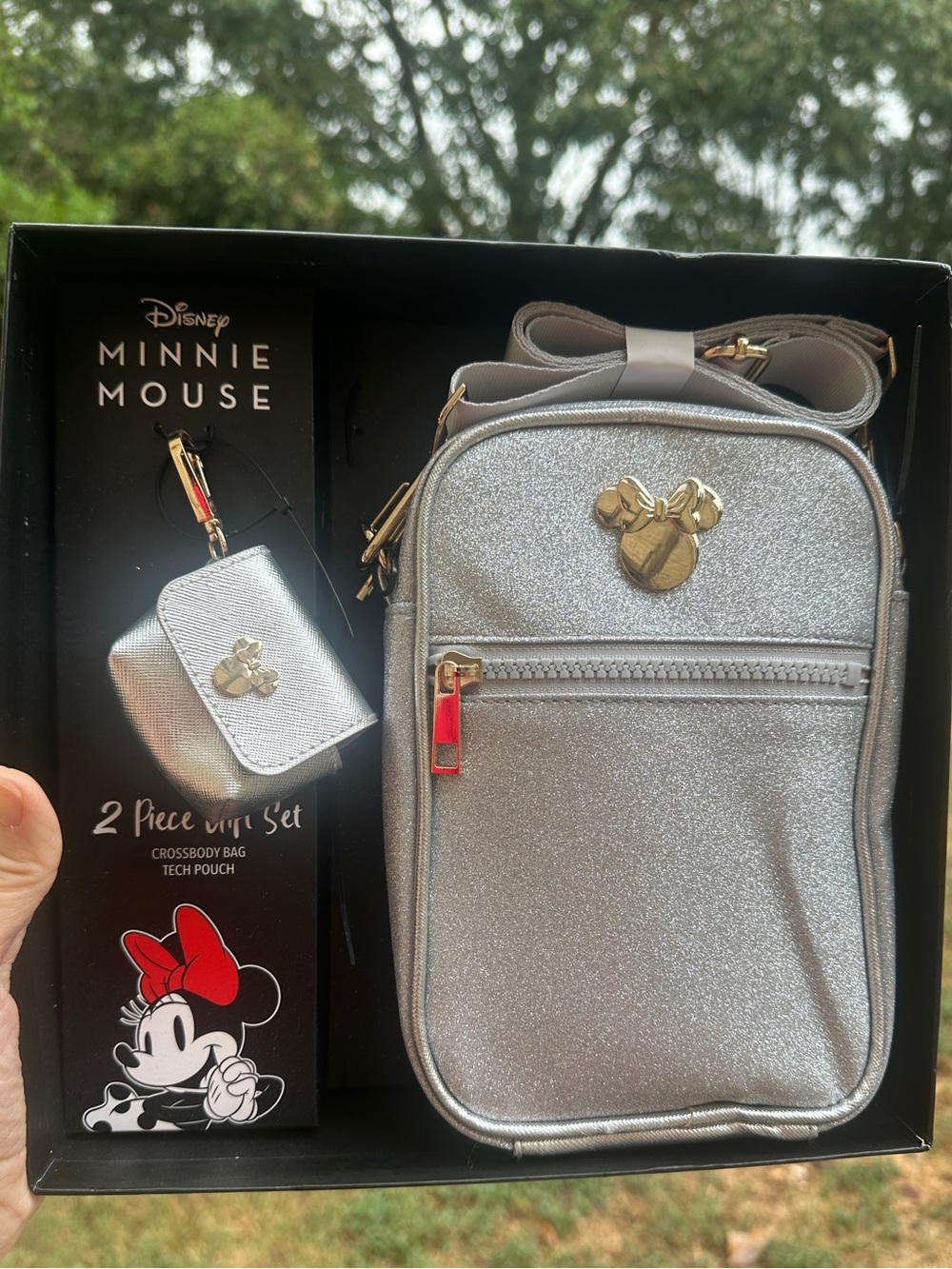 Disney Minnie Mouse Silver Sparkle Crossbody Bag & Tech Pouch Gift Set NIB